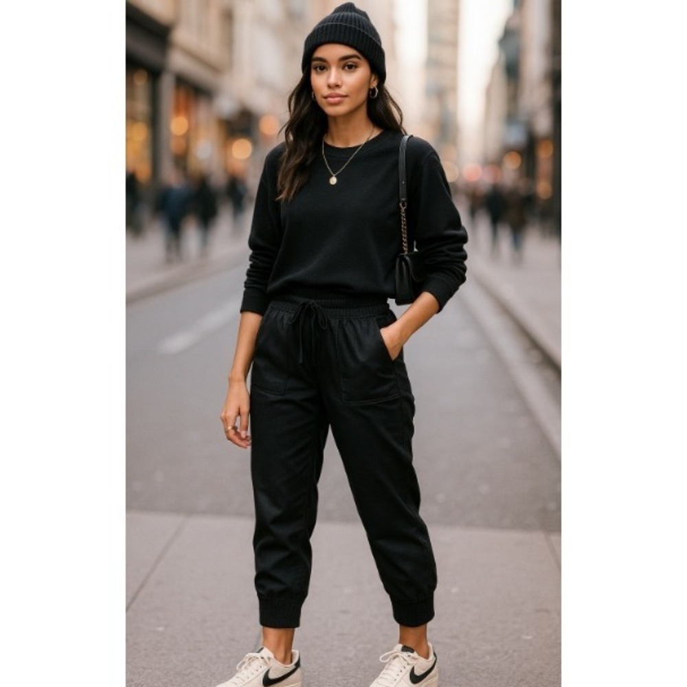 St. John Spa Black Ribbed Cuff Cropped Pants | Drawstring Waist | Size Small